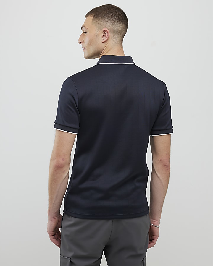 River Island Navy Muscle Fit Les Amis Stripe Polo Shirt