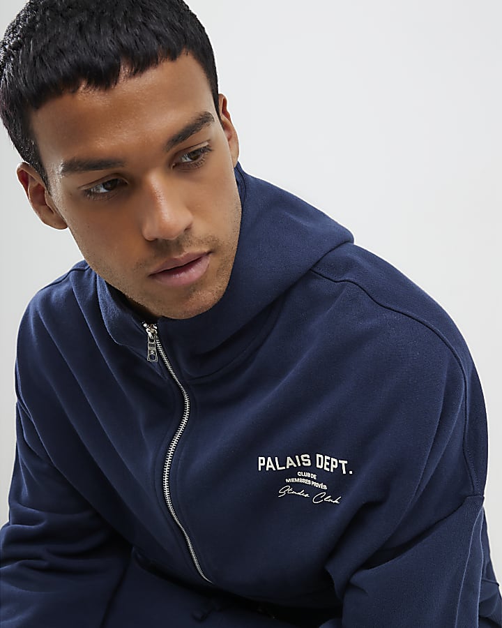 River Island Navy Oversized Fit Palais Zip Through Hoodie