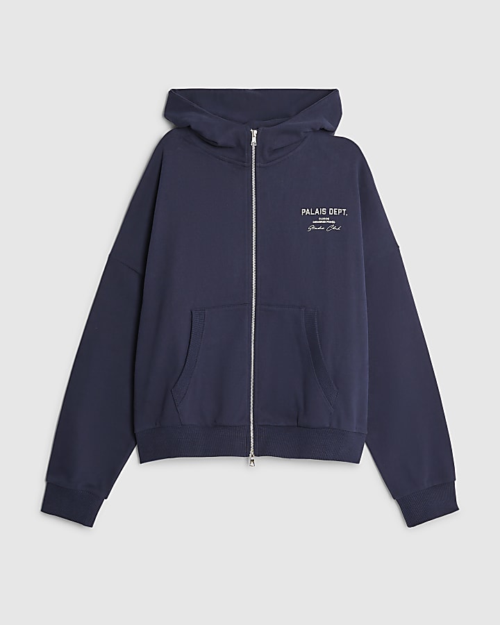 river island Navy Oversized Fit Palais Zip Through Hoodie