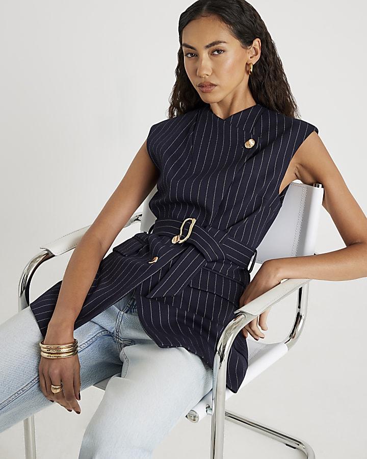 River Island Navy Pinstripe Sleeveless Belted Waistcoat