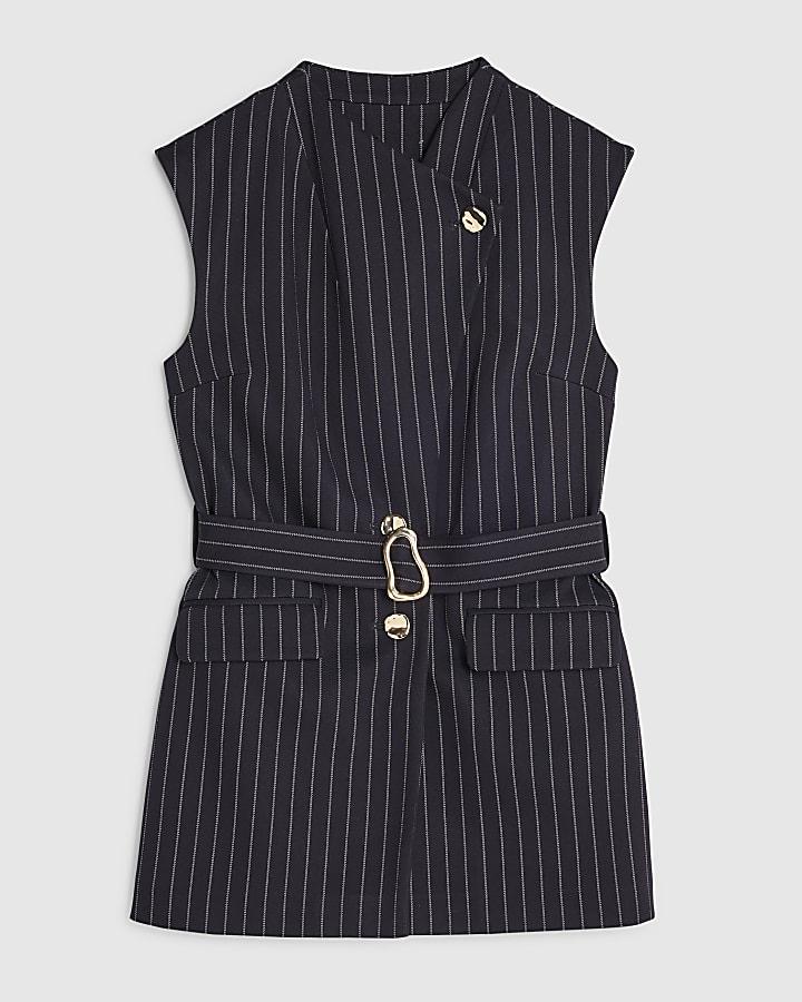 river island Navy Pinstripe Sleeveless Belted Waistcoat