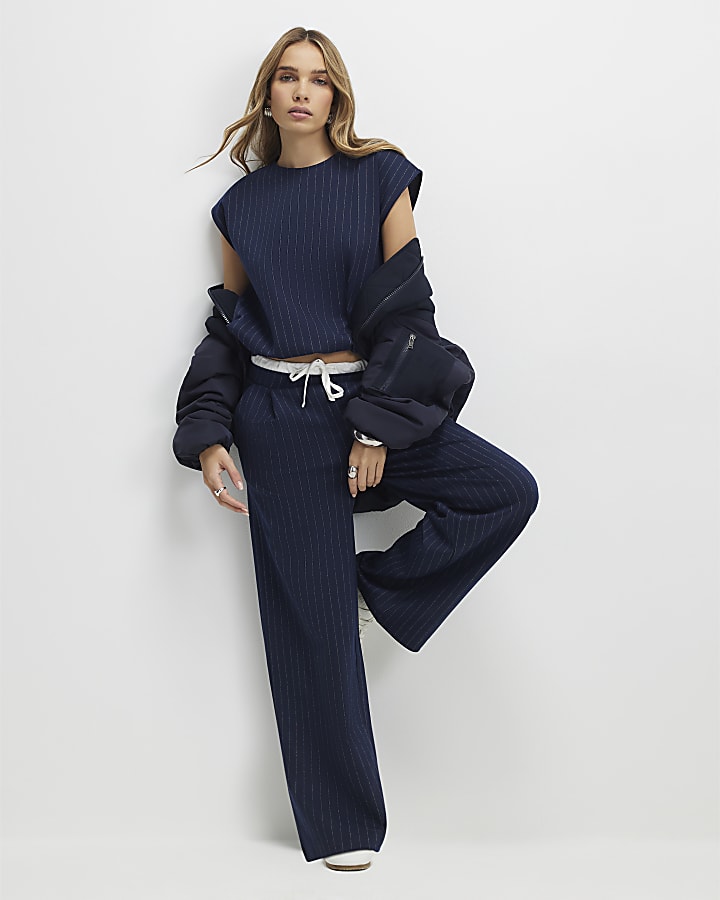 River Island Navy Pinstripe Tie Side Bubble Hem Top