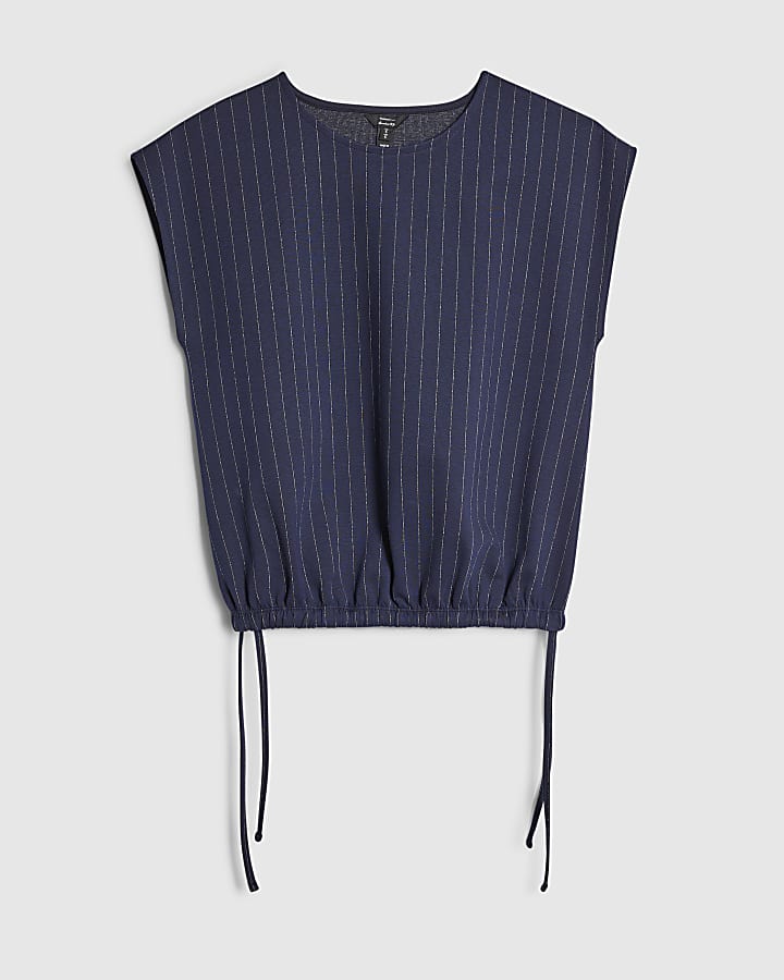 river island Navy Pinstripe Tie Side Bubble Hem Top