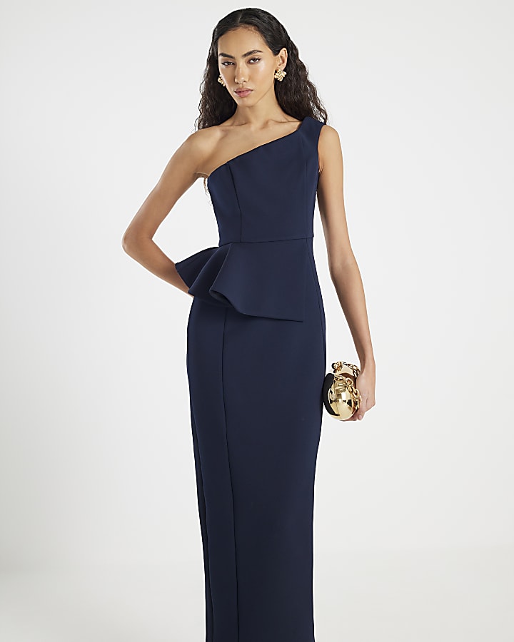 River Island Navy Premium Asymmetric Frill Maxi Dress