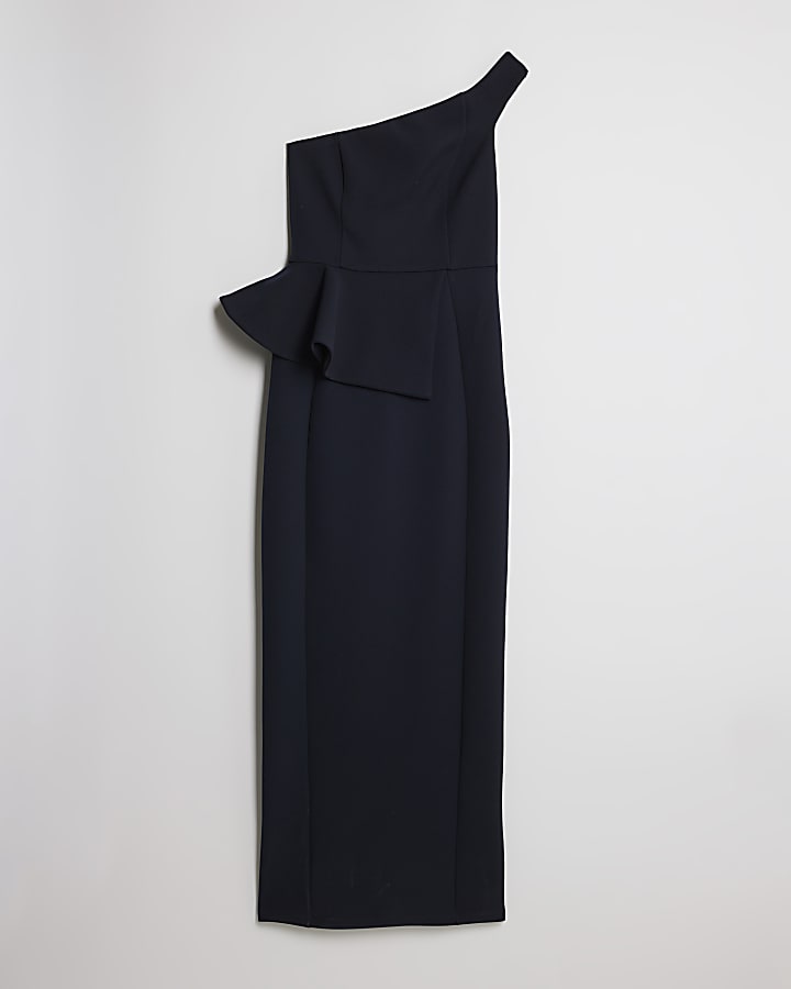 river island Navy Premium Asymmetric Frill Maxi Dress