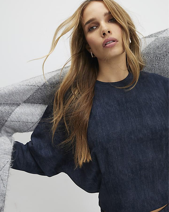 River Island Navy Premium Crinkle Effect Batwing Top