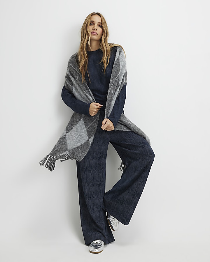 River Island Navy Premium Crinkle Effect Batwing Top