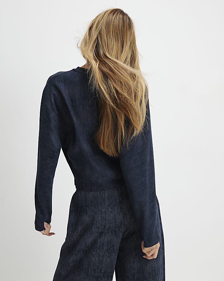 river island Navy Premium Crinkle Effect Batwing Top
