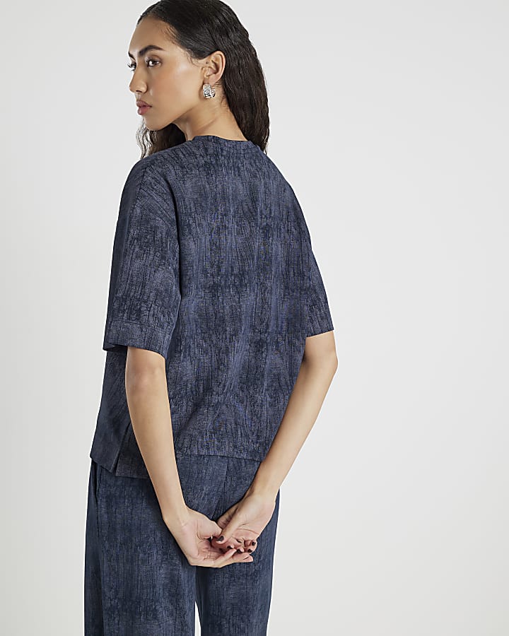 River Island Navy Premium Crinkle Effect Boxy T-shirt