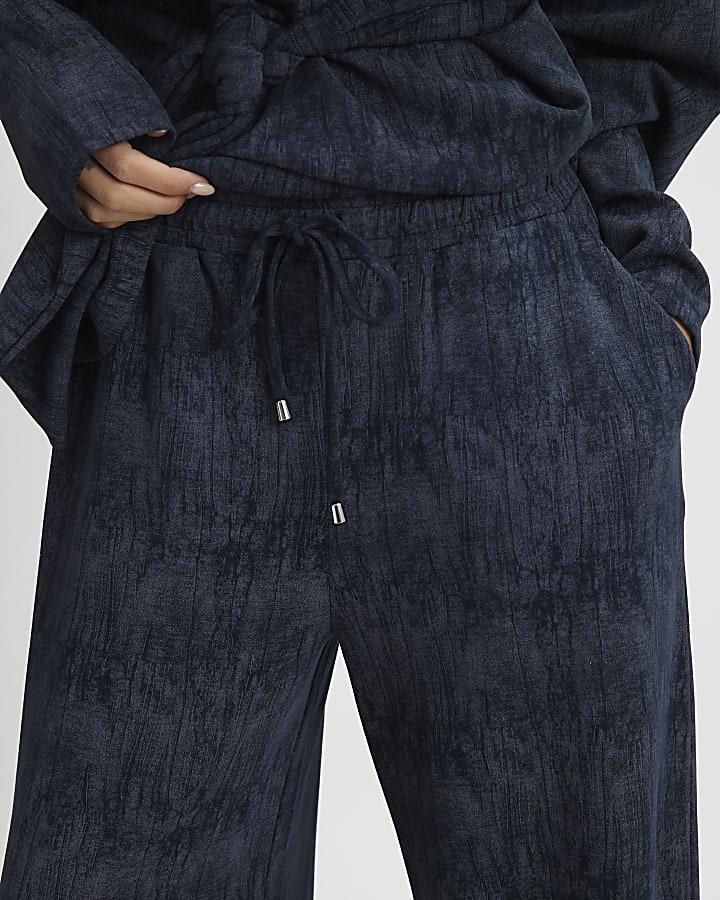 River Island Navy Premium Crinkle Effect Wide Leg Joggers
