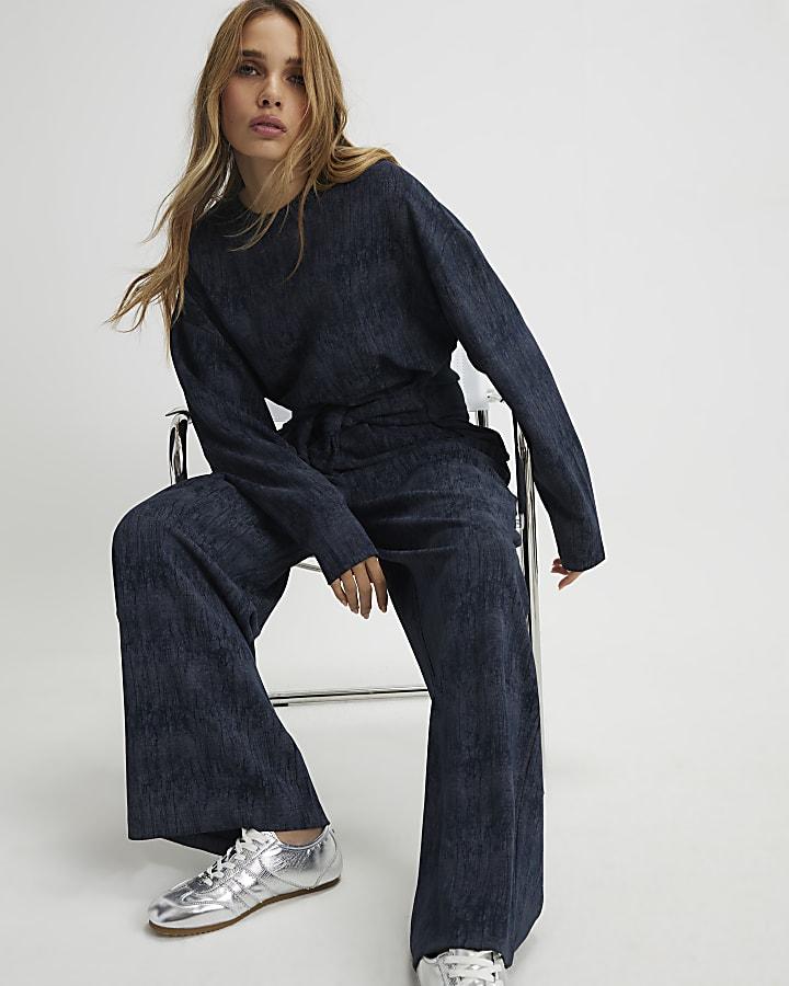 River Island Navy Premium Crinkle Effect Wide Leg Joggers