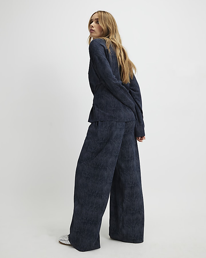 River Island Navy Premium Crinkle Effect Wide Leg Joggers