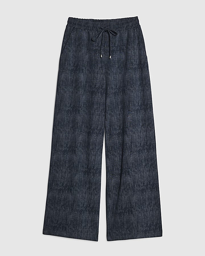 river island Navy Premium Crinkle Effect Wide Leg Joggers