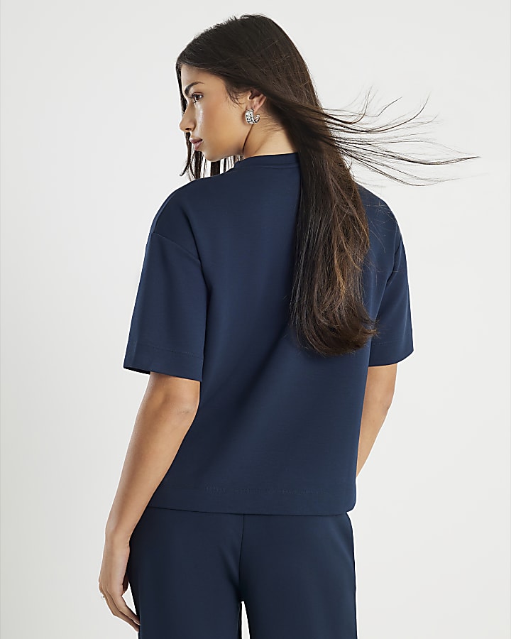 river island Navy Premium Short Sleeve Boxy Fit T-shirt