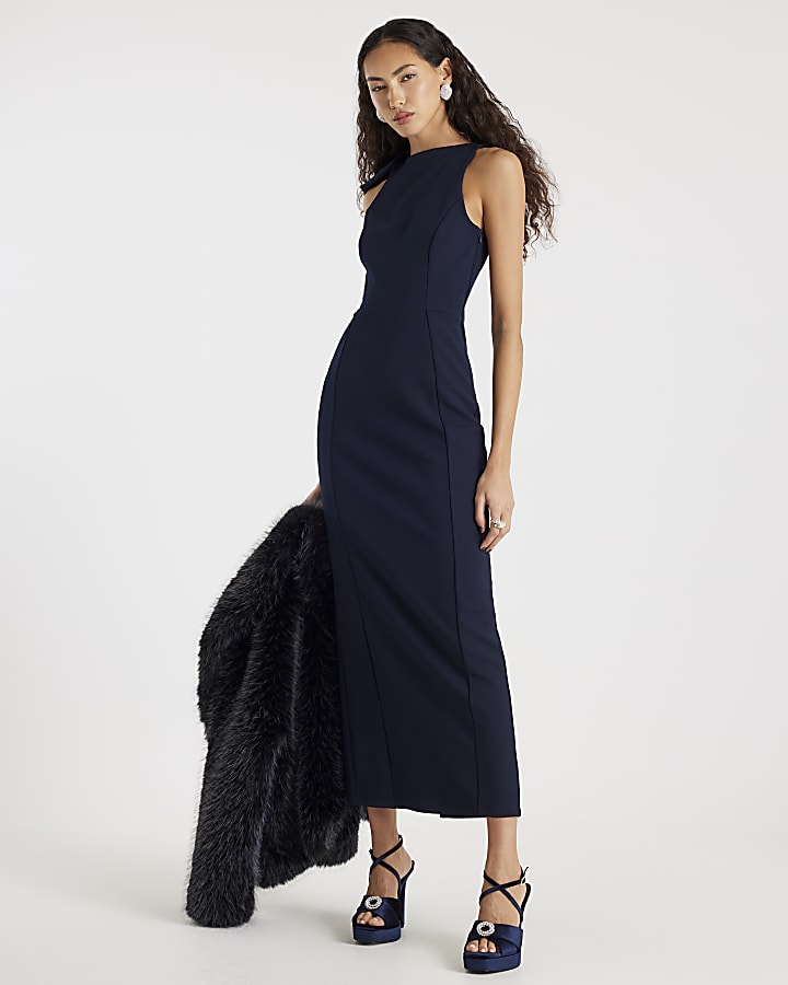 River Island Navy Premium Sleeveless Bow Back Maxi Dress