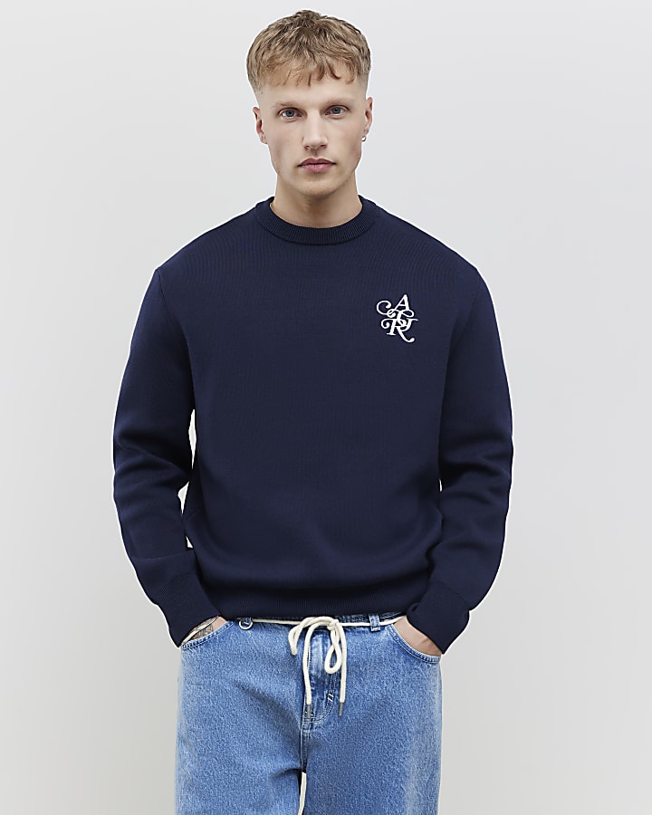 River Island Navy Regular Fit AR Knitted Sweatshirt