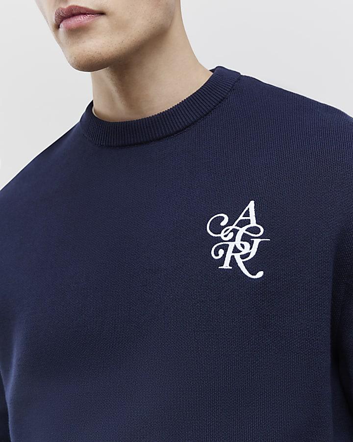 River Island Navy Regular Fit AR Knitted Sweatshirt