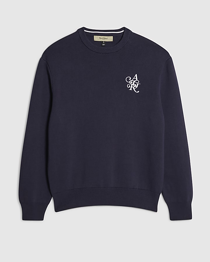 river island Navy Regular Fit AR Knitted Sweatshirt