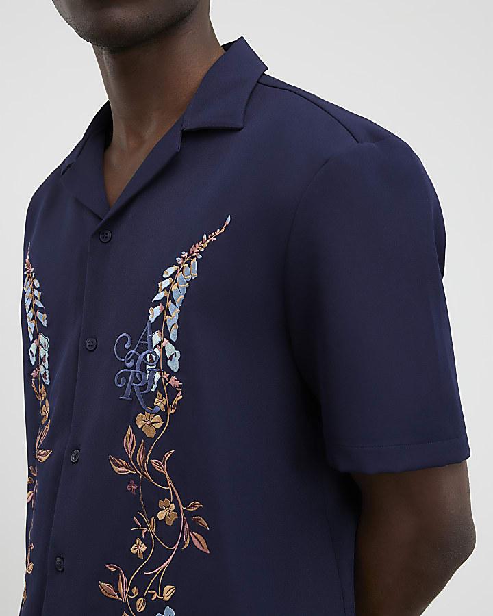 River Island Navy Regular Fit Floral Embroidered Shirt