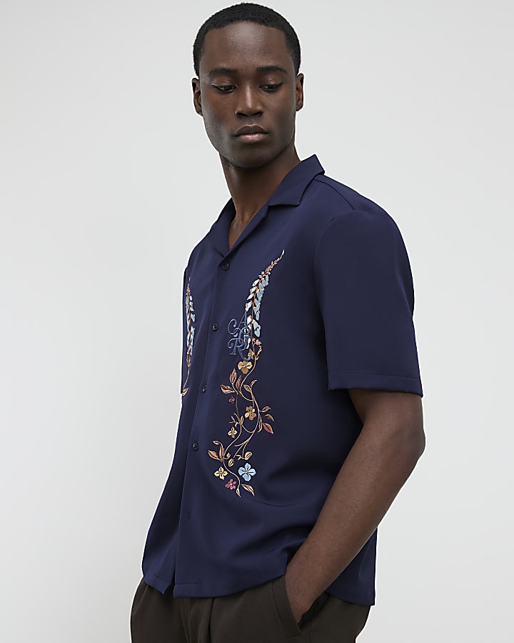 River Island Navy Regular Fit Floral Embroidered Shirt