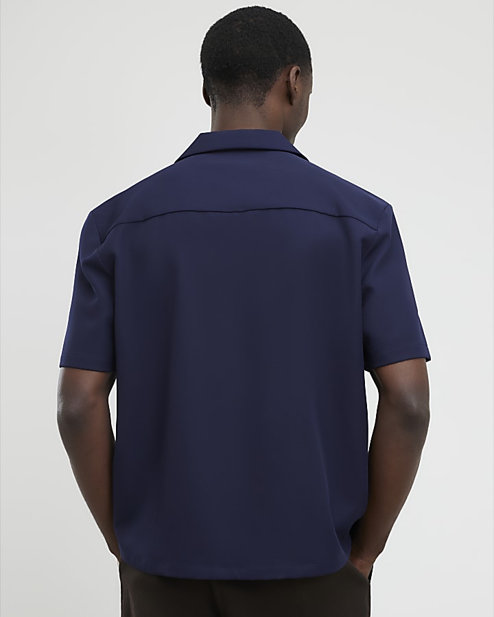 River Island Navy Regular Fit Floral Embroidered Shirt