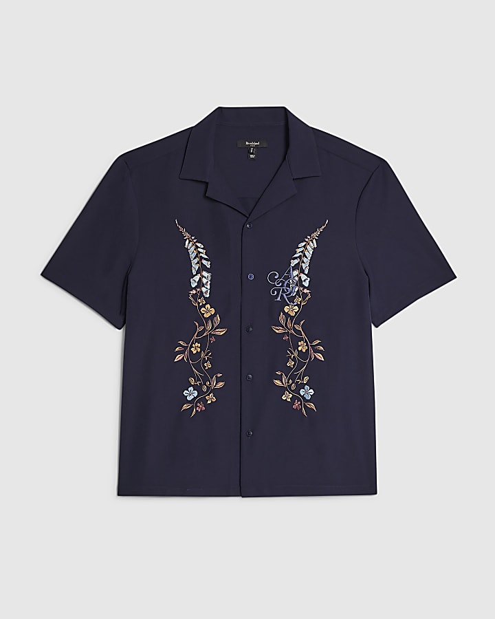 river island Navy Regular Fit Floral Embroidered Shirt