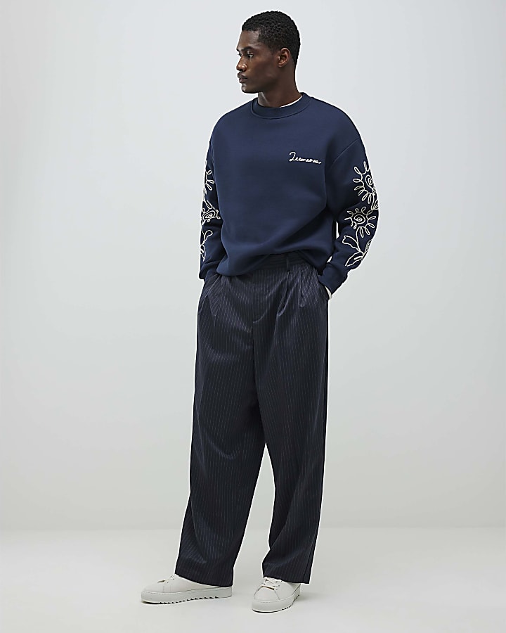River Island Navy Regular Fit Floral Rope Sweatshirt