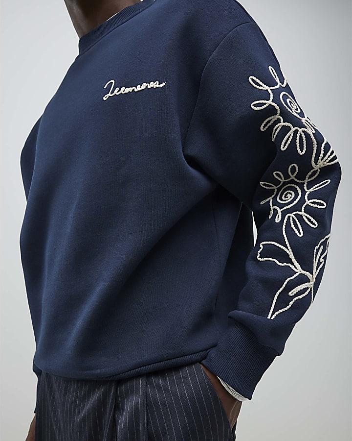 River Island Navy Regular Fit Floral Rope Sweatshirt