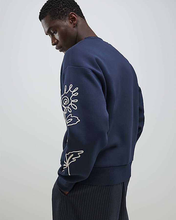 River Island Navy Regular Fit Floral Rope Sweatshirt