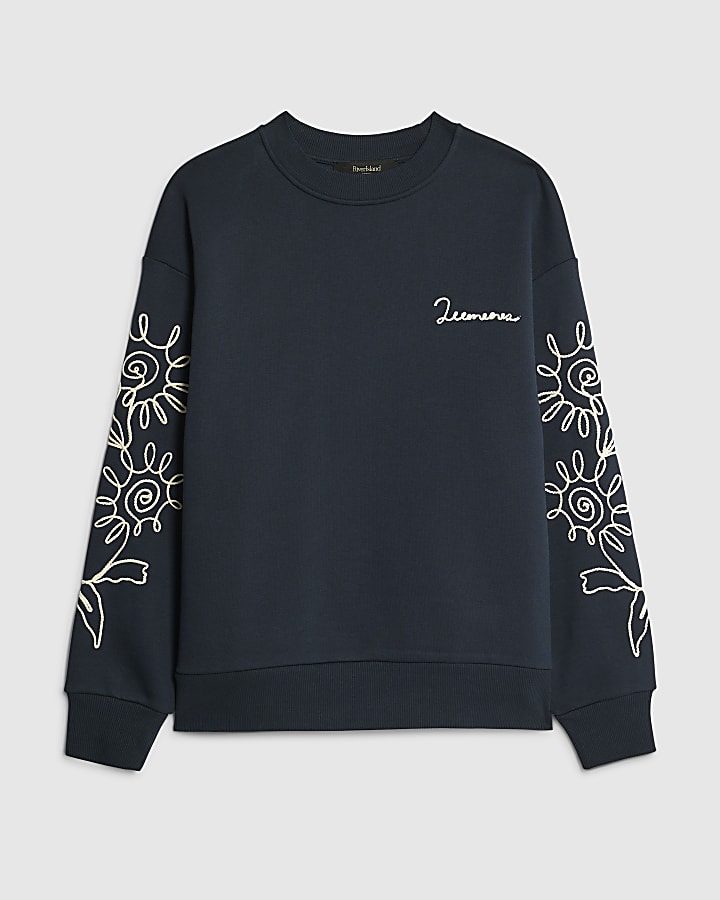 river island Navy Regular Fit Floral Rope Sweatshirt