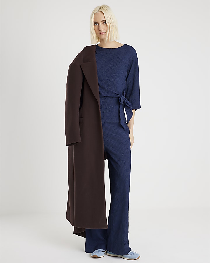 River Island Navy Short Sleeve Textured Knot Side Top