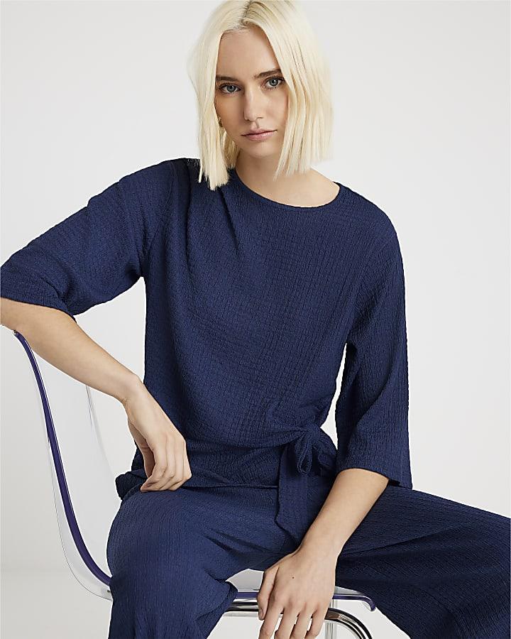 River Island Navy Short Sleeve Textured Knot Side Top