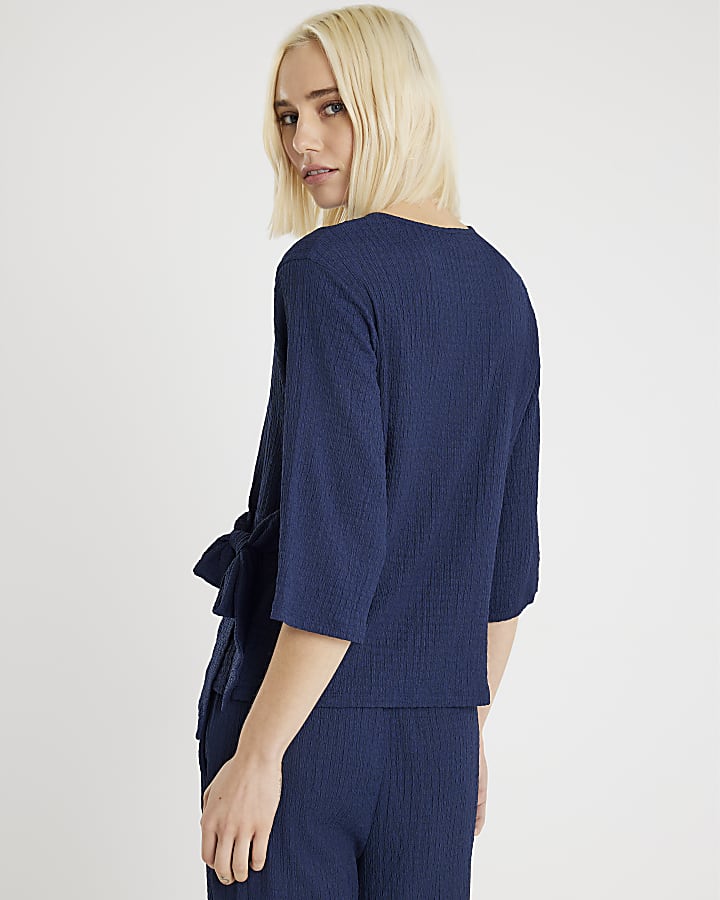River Island Navy Short Sleeve Textured Knot Side Top