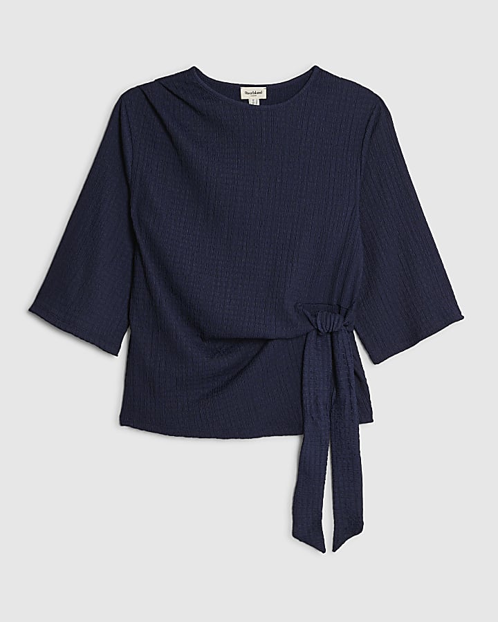river island Navy Short Sleeve Textured Knot Side Top
