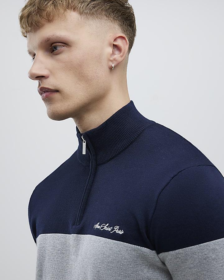 River Island Navy Slim Fit Colour Block Half Zip Jumper
