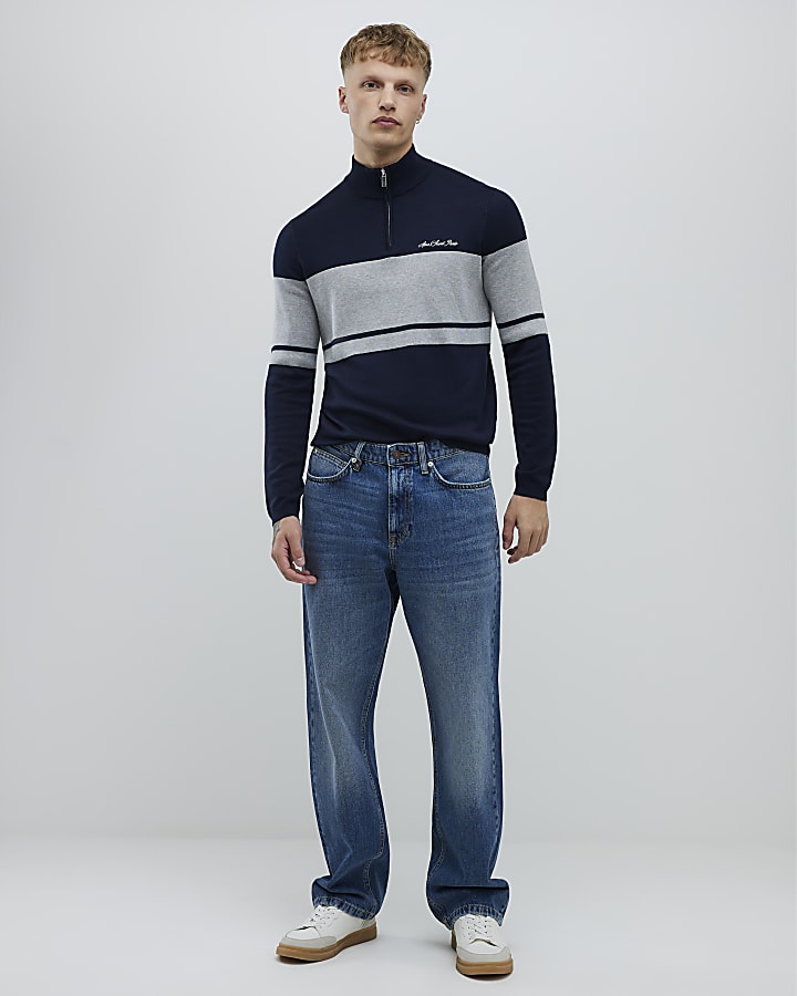 River Island Navy Slim Fit Colour Block Half Zip Jumper