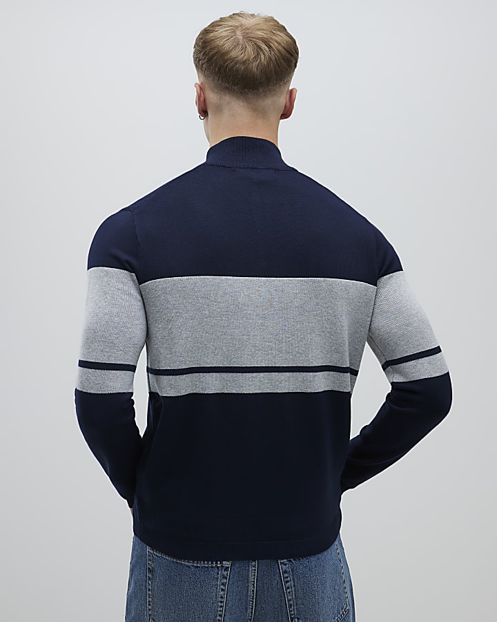 River Island Navy Slim Fit Colour Block Half Zip Jumper