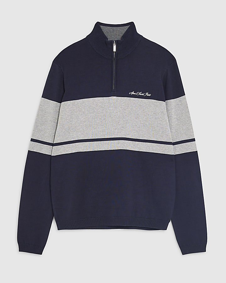 river island Navy Slim Fit Colour Block Half Zip Jumper