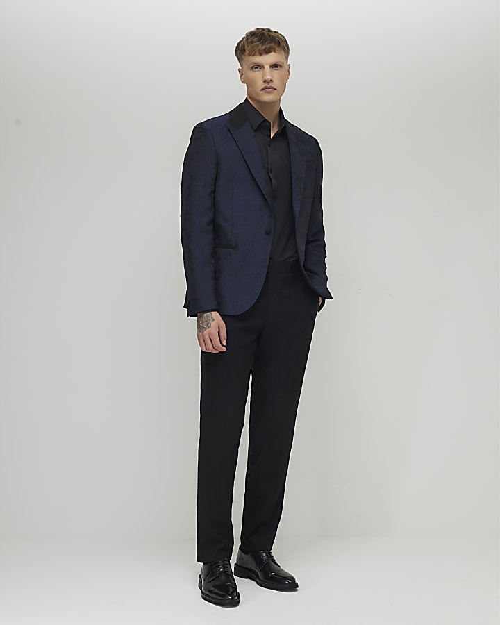 River Island Navy Slim Fit Floral Jacquard Suit Jacket