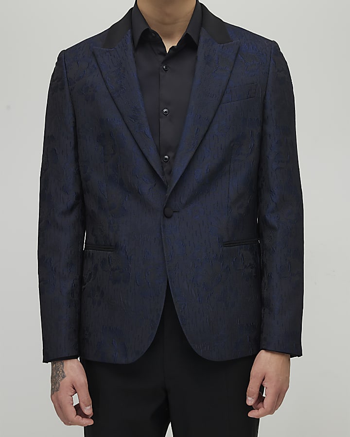 River Island Navy Slim Fit Floral Jacquard Suit Jacket