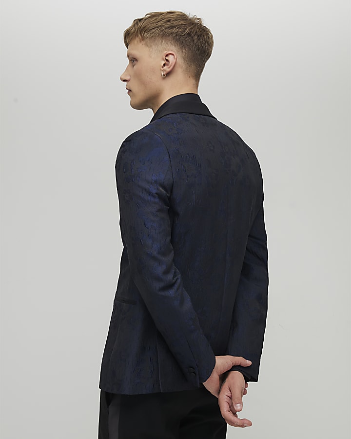 River Island Navy Slim Fit Floral Jacquard Suit Jacket