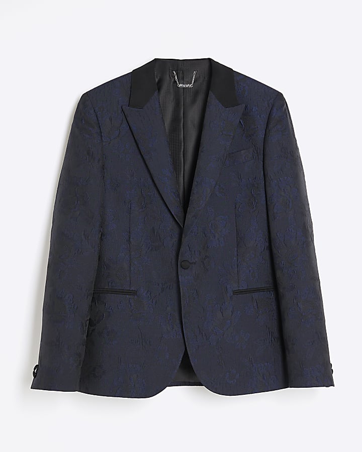 river island Navy Slim Fit Floral Jacquard Suit Jacket
