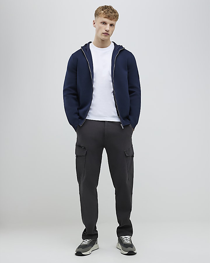 River Island Navy Slim Fit Nylon Zip Knitted Hoodie