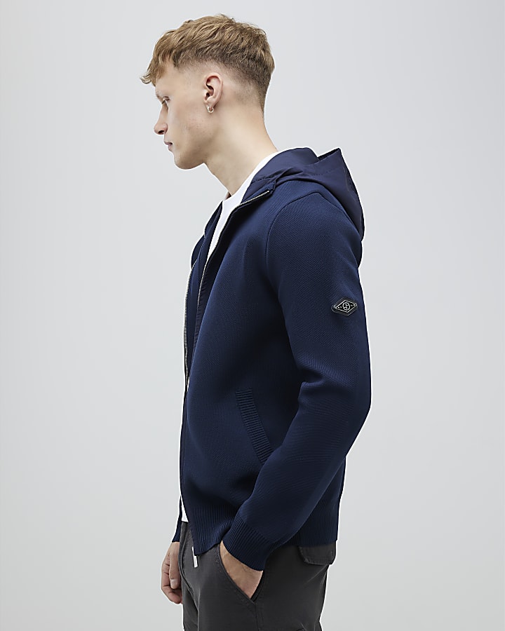 River Island Navy Slim Fit Nylon Zip Knitted Hoodie