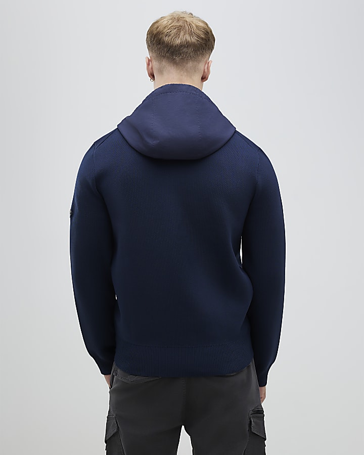 River Island Navy Slim Fit Nylon Zip Knitted Hoodie