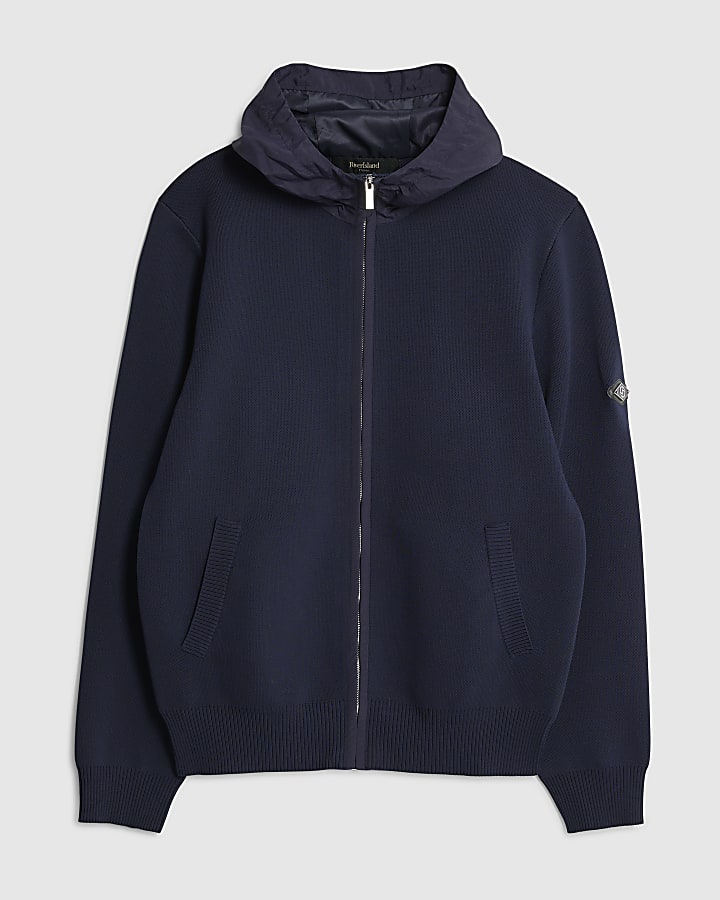 river island Navy Slim Fit Nylon Zip Knitted Hoodie