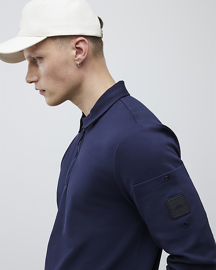 River Island Navy Slim Fit Sleeve Pocket Polo Shirt
