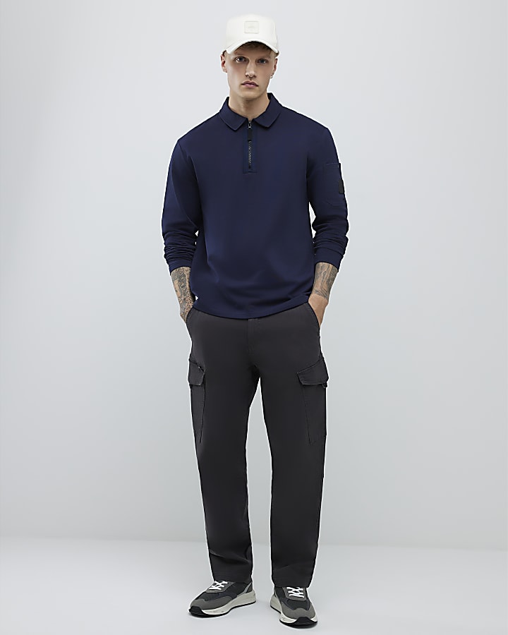 River Island Navy Slim Fit Sleeve Pocket Polo Shirt