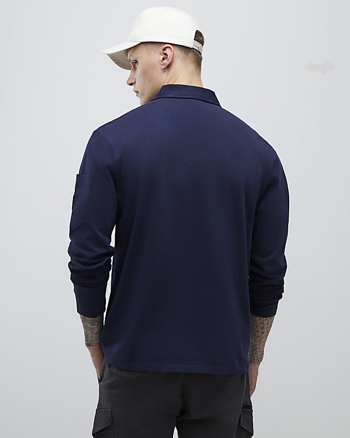 River Island Navy Slim Fit Sleeve Pocket Polo Shirt