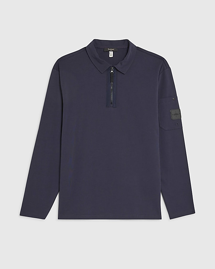 river island Navy Slim Fit Sleeve Pocket Polo Shirt